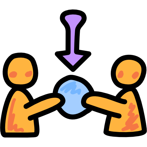 an image with thick black line art shows two yellow figures holding a blue ball between them, a purple arrow points down at the ball.